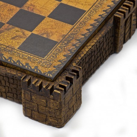 Chess board "Castle" brown with box container in albaster and resin and leatherlike with handpainted details