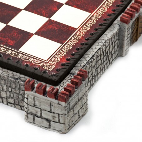 Chess board "Castle" grey with box container in albaster and resin and leatherlike with handpainted details