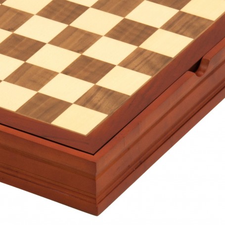 Chess board with container, in walnut wood and maple inlaid by hand