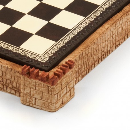 Chess board "castle" sandy colour with box container in albaster and resin and leatherlike with handpainted details