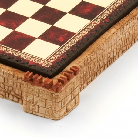 Chess board "castle" sandy colour with box container in albaster and resin and leatherlike with handpainted details