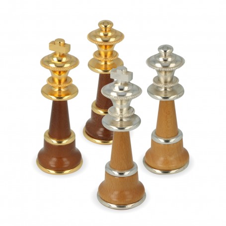 Metal Brass and wood chess pieces made by hand and assembled by hand with gold and silver plated