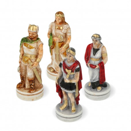 Chess pieces battle Romans vs Barbarians in hand painted alabaster and resin