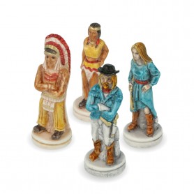 Chess pieces Wild West Cowboy against Indians in alabaster and resin hand painted.