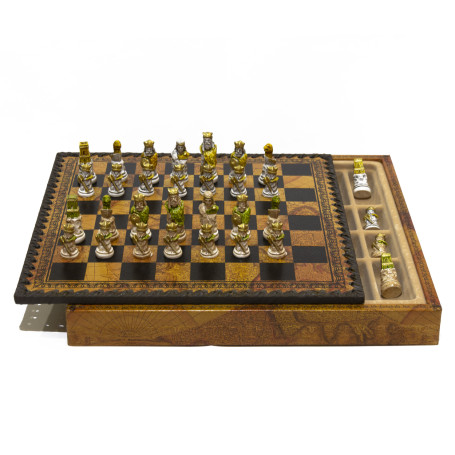 Chess Set with Chess Pieces “THE VIKINGS” in Alabaster and Resin Hand Painted and Box Container for Chess in Leatherette