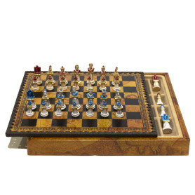 Chess Set with Chess Pieces "THE ANCIENT ROME" in Alabaster and Resin Hand Painted and Box Container for Chess in Leatherette